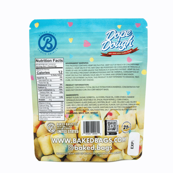 Baked-Bags-Delta-9-THC-Dope-Dough-Birthday-Cake-200-mg-Total-Delta-9-THC-Bag-Back.png Baked Bags Delta 9 THC Dope Dough – Birthday Cake (200 mg Total Delta 9 THC)