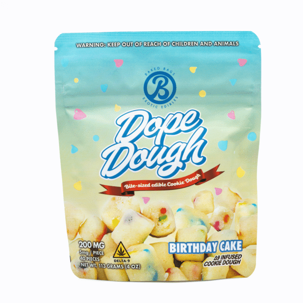 Baked-Bags-Delta-9-THC-Dope-Dough-Birthday-Cake-200-mg-Total-Delta-9-THC-Bag-Front.png Baked Bags Delta 9 THC Dope Dough – Birthday Cake (200 mg Total Delta 9 THC)