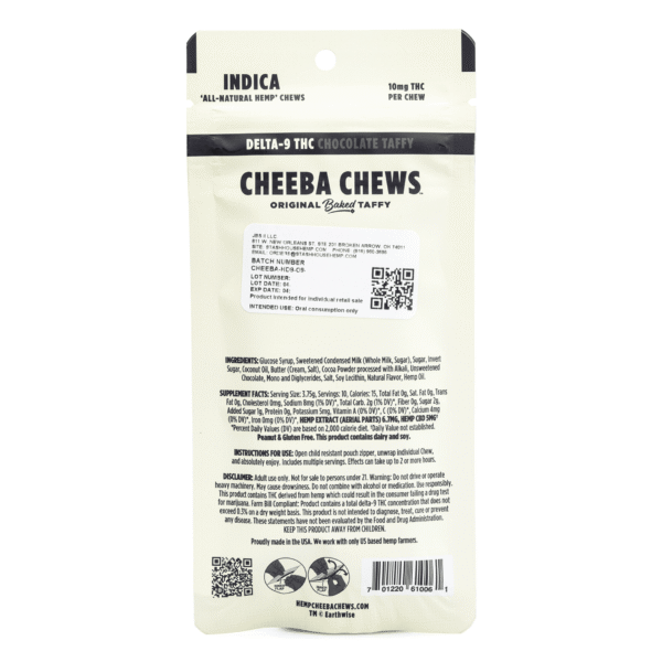 Cheeba-Chews-Delta-9-Chocolate-Taffy-Indica-100-mg-Delta-9-THC-Total-bag-back.png Cheeba Chews Delta 9 Chocolate Taffy – Indica (100 mg Delta 9 THC Total)