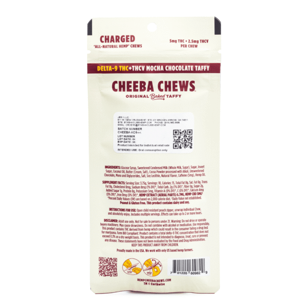 Cheeba-Chews-Delta-9-and-THCv-Mocha-Chocolate-Taffy-Charged-50-mg-Total-Cannabinoids-bag-back.png Cheeba Chews Delta 9 and THCv Mocha Chocolate Taffy – Charged (50 mg Total Cannabinoids)