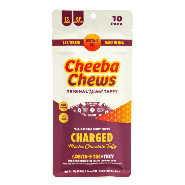 Cheeba-Chews-Delta-9-and-THCv-Mocha-Chocolate-Taffy-Charged-50-mg-Total-Cannabinoids-bag-front.png Cheeba Chews Delta 9 and THCv Mocha Chocolate Taffy – Charged (50 mg Total Cannabinoids)
